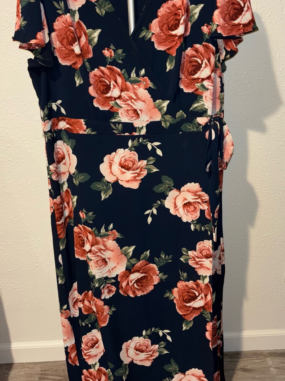 Navy Maxi Dress with Pink Rose Print and Tie-Waist